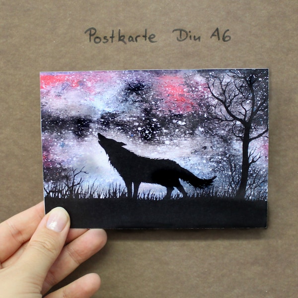 Postkarte Wolf mit Sternenhimmel