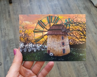 Postkarte Mühle im Frühling bei Sonnenuntergang