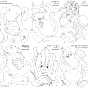 Könnte beinhalten: Schwarz-weiß-Linienzeichnungen verschiedener Tiere, darunter ein Krokodil, eine Katze, eine Meerjungfrau, ein Elefant, ein Oktopus und eine Taube. Jedes Tier ist in mehrere Teile für ein Papierbastelprojekt aufgeteilt. Der Text "Mal- und Bastelbogen" ist auf der Seite enthalten, was mit "Mal- und Bastelbogen" übersetzt wird.