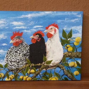 Mirabelle Chickens Original Painting Acrylic on Wooden Painting Board