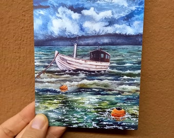 Postkarte Fischkutter Sturm über dem Meer Ostsee