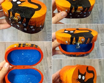 Cat Box Painted by Hand Black Cat Wooden Box