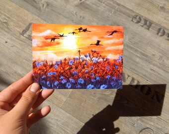 Postkarte Flamingoflug Sonnenuntergang