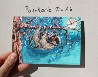 Postkarte "Faultier und Katze kuscheln!"