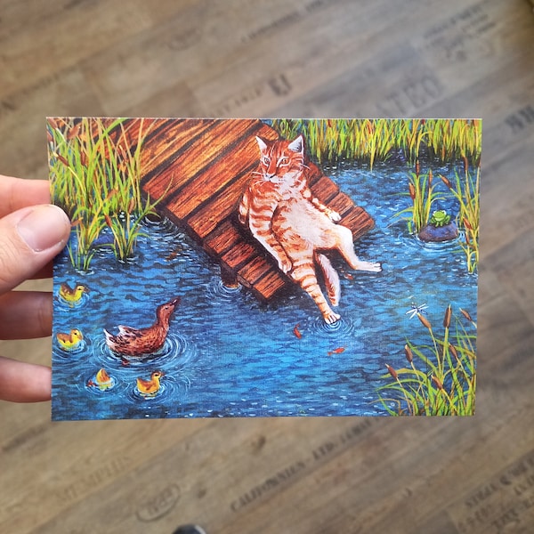 Postkarte Katze am Teich Karte Frühlingskarte