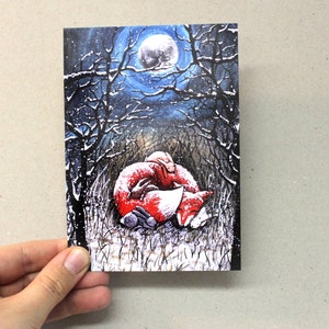 Postkarte "Fuchs und Hasen im Schnee" Weihnachtskarte Winternacht