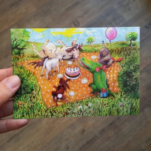 Postkarte "Geburtstagsfeier" Geburtstagskarte Kindergeburtstag Einladung Tiere Wald