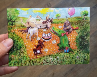 Postkarte "Geburtstagsfeier" Geburtstagskarte Kindergeburtstag Einladung Tiere Wald