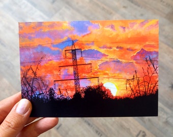 Postcard sunset with electricity poles