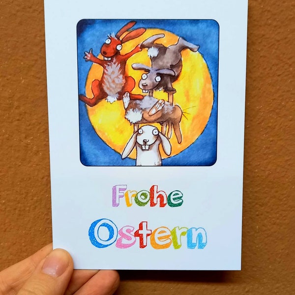 Frohe Ostern Postkarte Lustige Akrobaten Hasen