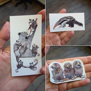 Aufkleber Sticker Opossum Ameisenbär Fuchs Fledermaus Pilz Bild 1