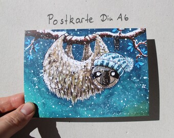 Postkarte "Faultier im Schnee"