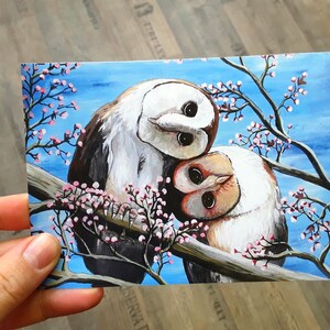 Postkarte Eulen im Kirschbaum