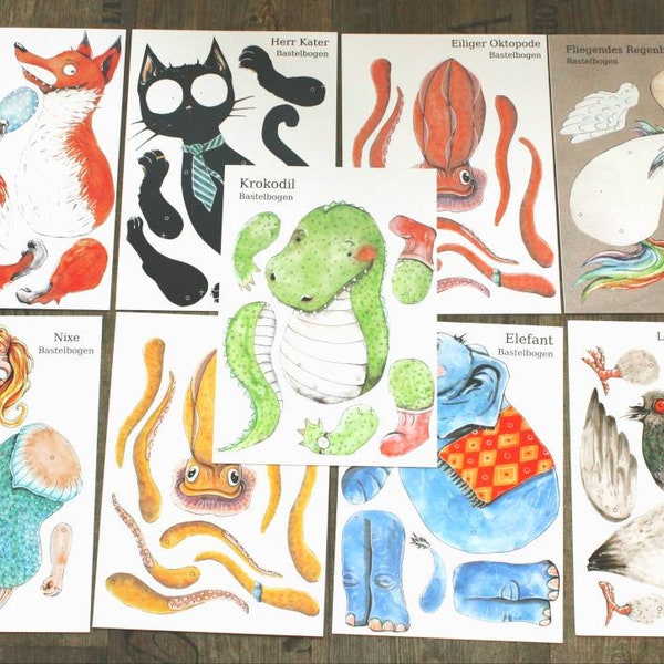 Craft Bow Set for Cutting Out with 9 Bows, Fox, Mermaid, Unicorn, Cat, Crocodile, Dove, Octopus, Hampelmann