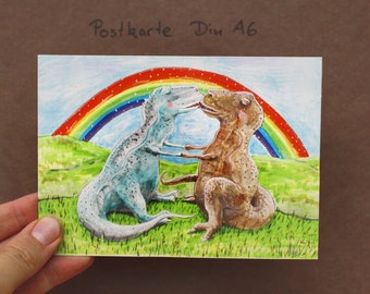 Postcard snuggling dinosaurs under the rainbow