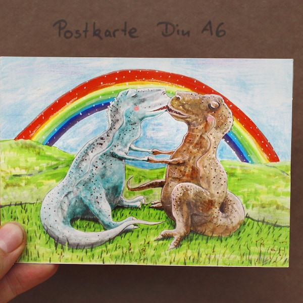 Postkarte knutschende Dinosaurier unterm Regenbogen
