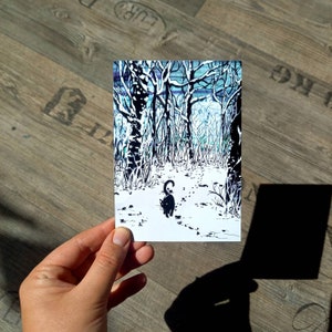Postkarte Katze im Winterwald