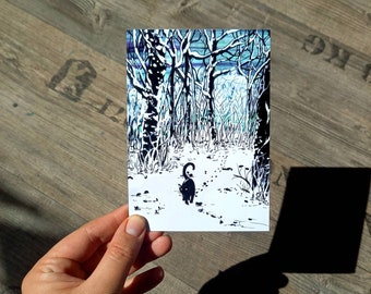 Postcard Cat in the Winter Forest