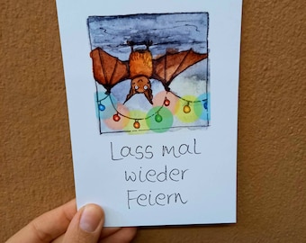 Lass mal wieder Feiern Postkarte Einladung Fledermaus