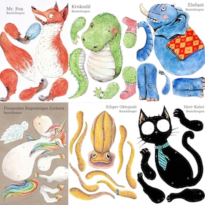 Funny animal figures to print and cut out Din A4 pdf file to print yourself Jumping Jack movable figure Children&#39;s birthday