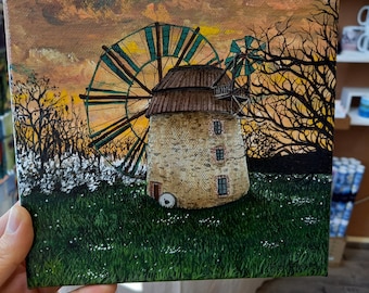 Old mill with sunset - painting acrylic on canvas 20 x 20 cm