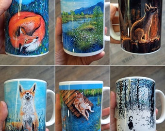 Cup fox cats landscape motif chickens