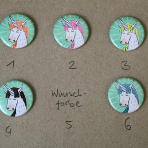Può includere: Sei bottoni rotondi con illustrazioni di unicorni. Ogni bottone presenta una criniera di colore diverso: arancione, rosa, giallo, nero e blu. Il testo "Wunschfarbe" è scritto con inchiostro nero.