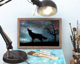 Kunstdruck  Din A4 "Wolf Sternenhimmel"