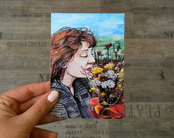 Postkarte Blumenstrauß Mädchen Herbst