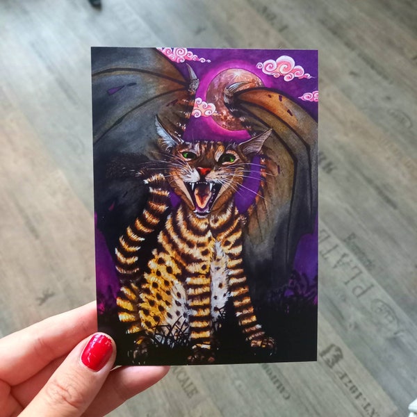 Postkarte "Geflügelte Dämonen Katze" Halloween