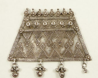 Silver pendant from Rajasthan, India, with embossed decoration  and small dangles, ethnic and tribal jewellery,  Rajasthan silver