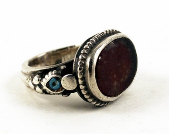 Old Central Asia silver ring with red glass, Afghan silver, Central Asian jewelry ring, ethnic tribal jewelry, size US 8 1/4 or 18,25 mm