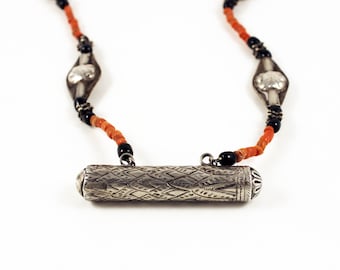 Old silver Afghan Tajik  and coral  beads, old ethnic necklace,  Central Asian silver beads jewellery - Central Asia jewellery