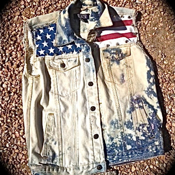 USA FLAG Acid wash destroyed denim vest