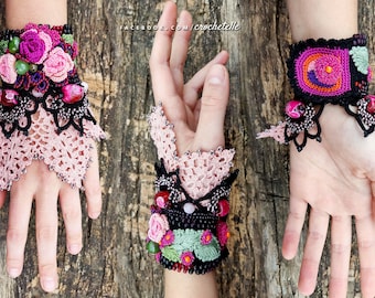 Black - Pink Crocheted Beaded and Embroidered Cuff