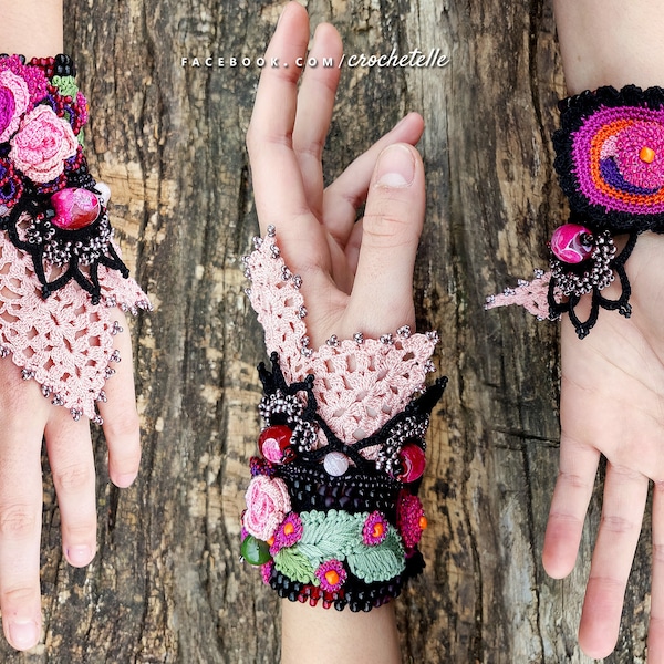 Black - Pink Crocheted Beaded and Embroidered Cuff
