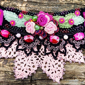 Black - Pink Crocheted Beaded and Embroidered Cuff