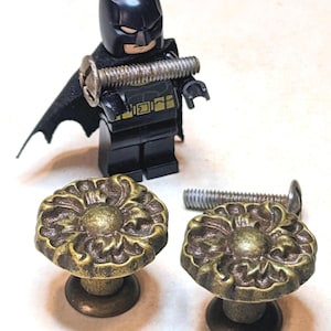 May include: Two round cabinet knobs with an antique brass finish and a raised floral petal design. Each knob features a central circular dome surrounded by sculpted leaves. Two metal screws are included, one held by a black plastic figurine.