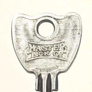 May include: A silver-toned metal key head featuring a scalloped top edge and a circular hole for a keyring. The surface has a textured, horizontal lined pattern with the embossed text MASTER LOCK CO. centered within a banner-shaped frame.