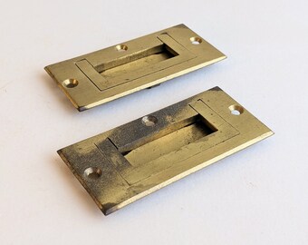 Set of 2 Brass Recessed Flush Cabinet Furniture Pulls with Screws