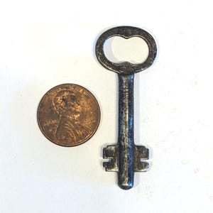 May include: A dark, weathered metal skeleton key with a rounded bow and a notched bit, positioned next to a copper-colored United States one-cent coin for scale. The key features a textured, aged surface with visible signs of oxidation and wear.