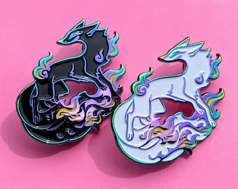 Spooky Kitsune Rainbow Metal Enamel Pin. Ghost Fox glows in the dark!