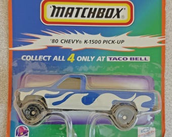 Camioneta Matchbox Taco Bell Chevy K-1500 vintage, color azul y blanco, de metal fundido a presión - 1999