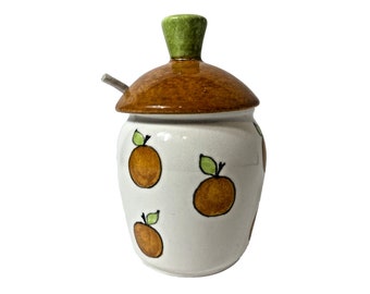 Vintage Ernestine Salerno Jelly Jar Sugar Bowl Oranges Design Lid Spoon - 1960&#39;s