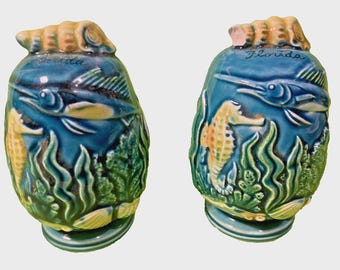 Vintage Florida Ceramic Seahorse and Swordfish Salt & Pepper Shakers