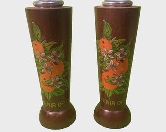 Vintage Florida Wood Orange Japan Souvenir Salt & Pepper Shaker Set - 1970's