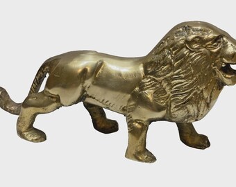 Vintage Brass Roaring Lion Figurine Stature Paper Weight Shelf Art - 1960's