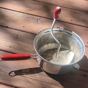 Vintage Foley Mfg Co Red Wood Handle Food Mill Potato Masher - 1940&#39;s
