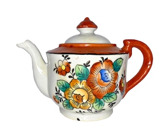 Vintage Bunte Mini Japanische Orange Floral Teekanne - 1970er Jahre