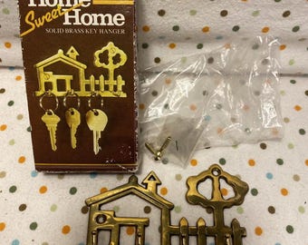 NOS Vintage Home Sweet Home Solid Brass Key Hanger - 1970s
